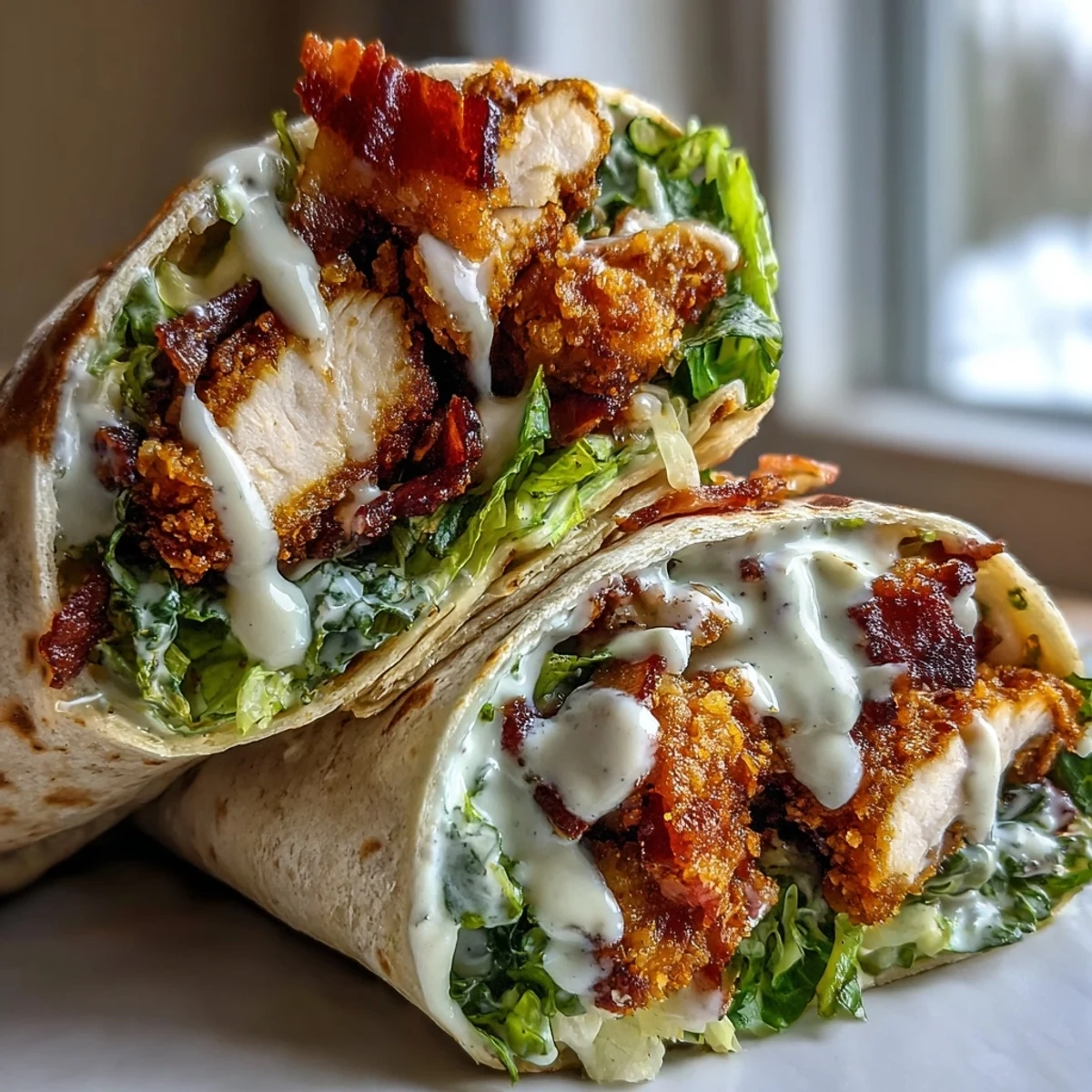 Freshly assembled Crispy Chicken Bacon Caesar Wraps, filled with crunchy romaine, juicy chicken, and bacon, served on a white plate.