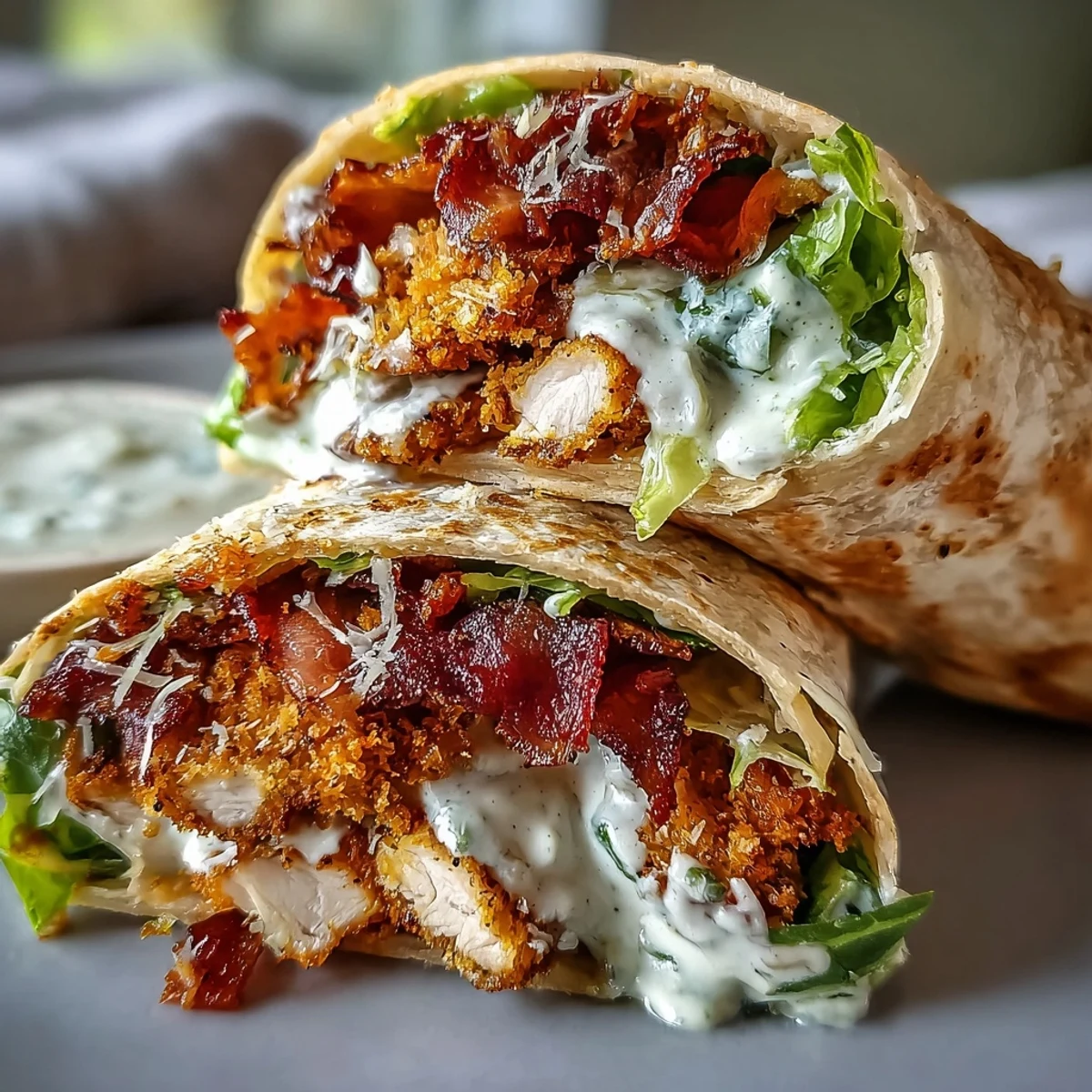 Warm tortillas wrap around crispy Crispy Chicken Bacon Caesar Wraps, served with lemon wedges and Parmesan.