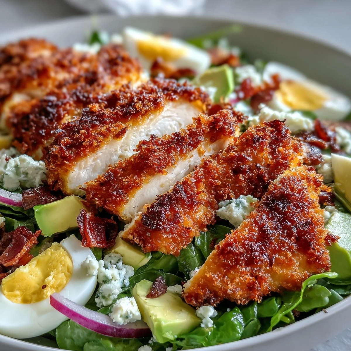 Tender Parmesan Crusted Chicken Cobb Salad features golden chicken slices over eggs, tomatoes, and red onion.