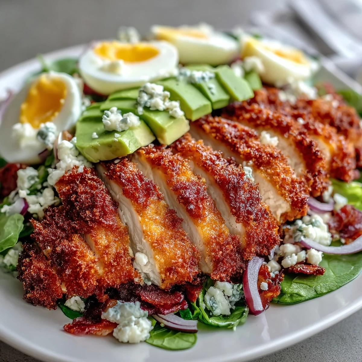 Sliced Parmesan Crusted Chicken Cobb Salad served on a platter with cucumbers and tangy dressing, ready to enjoy.