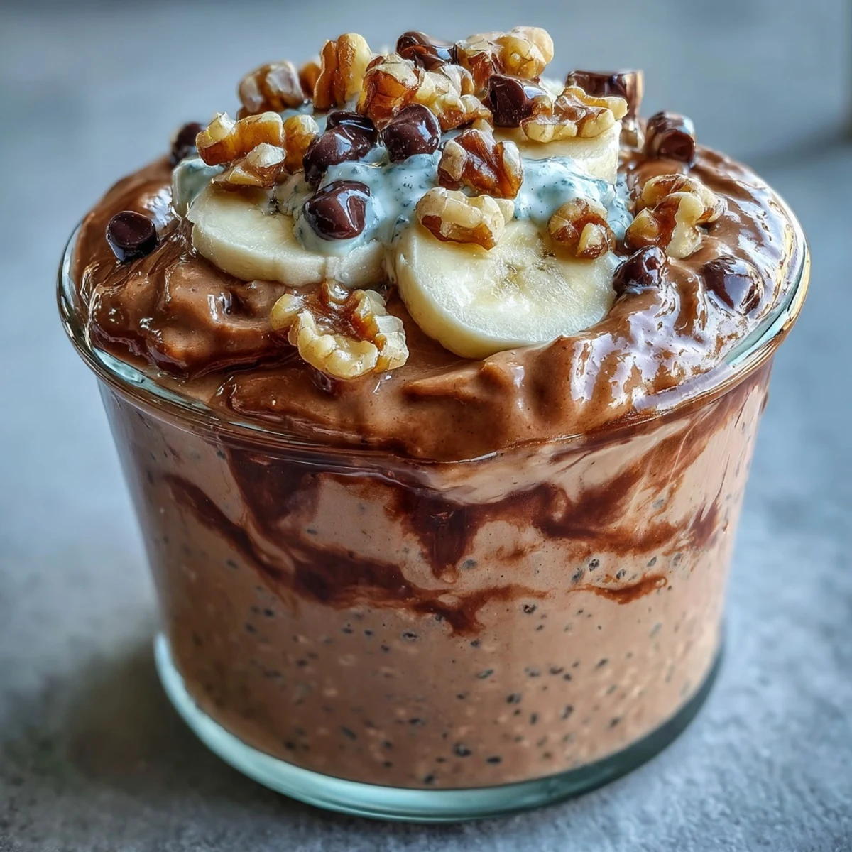 Thick and creamy Chunky Monkey Protein Overnight Oats layered with banana slices and peanut butter drizzle for breakfast.