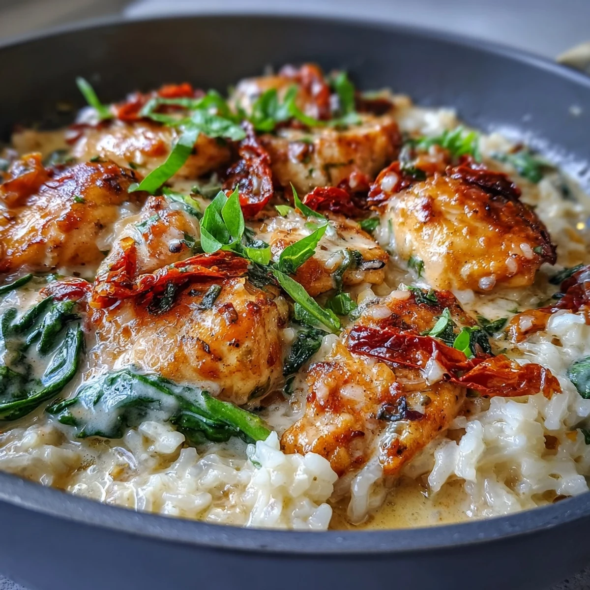 Golden, saucy Creamy Tuscan Chicken Rice Skillet served steaming hot, garnished with fresh basil.