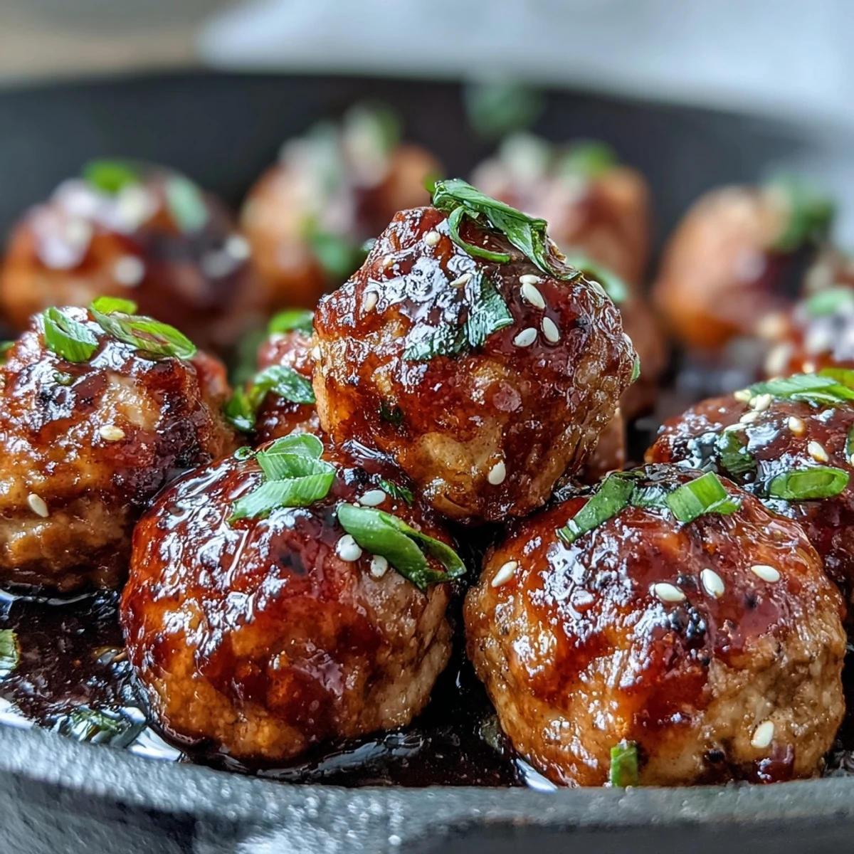 A close-up of glazed Spicy Chili Honey Turkey Meatballs on a spoon, ready to serve over a steaming rice bowl.