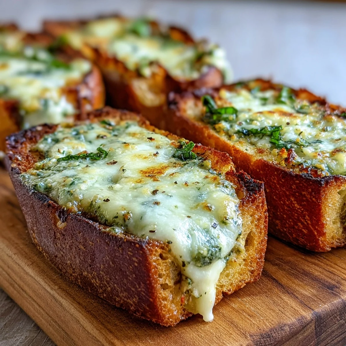 Freshly baked Pesto Chicken Garlic Bread Boats filled with tender shredded chicken, gooey mozzarella, and aromatic basil pesto, served golden and bubbly on a baking sheet.