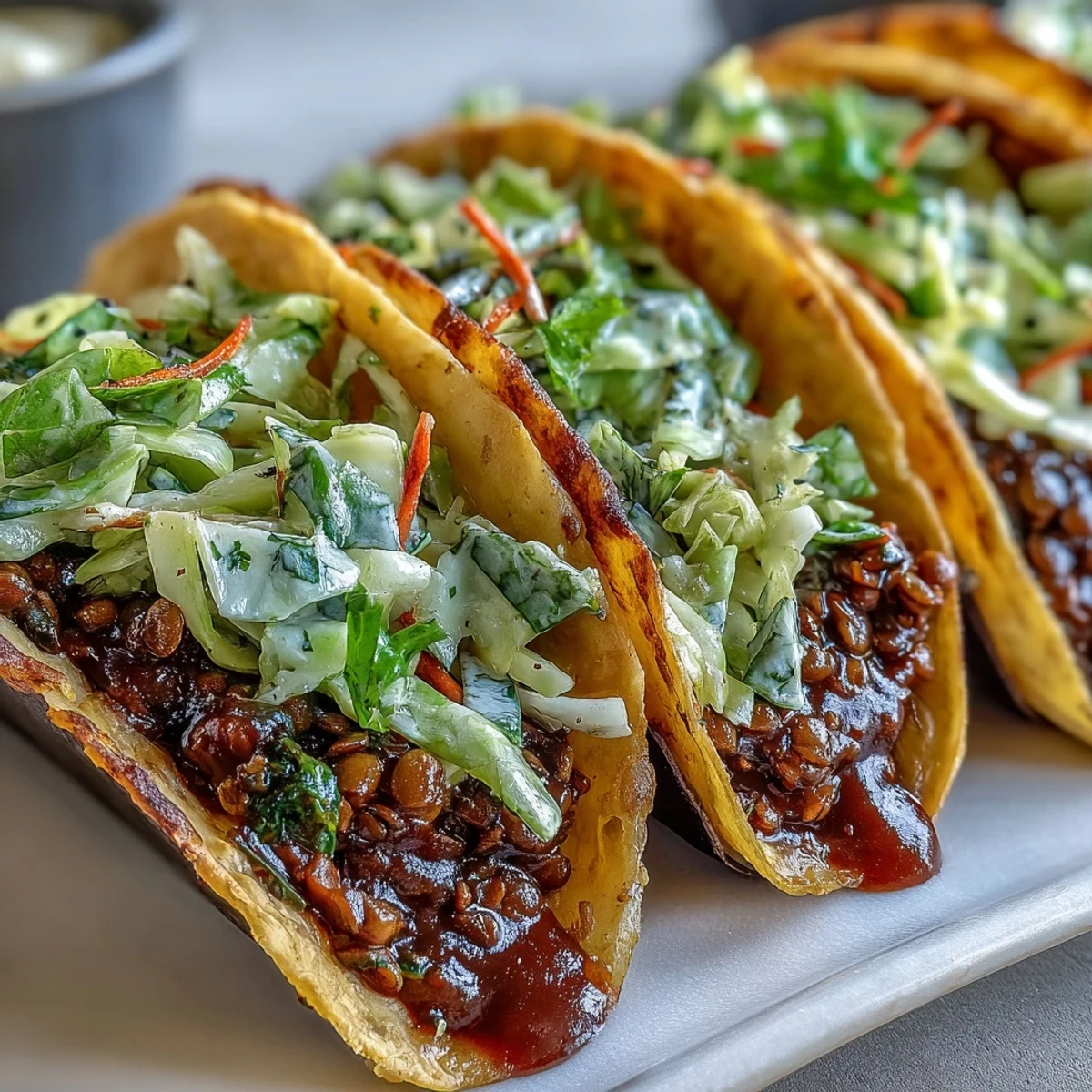 Warm corn tortillas filled with smoky Vegan BBQ Lentil Tacos and topped with crunchy cabbage slaw and fresh cilantro.