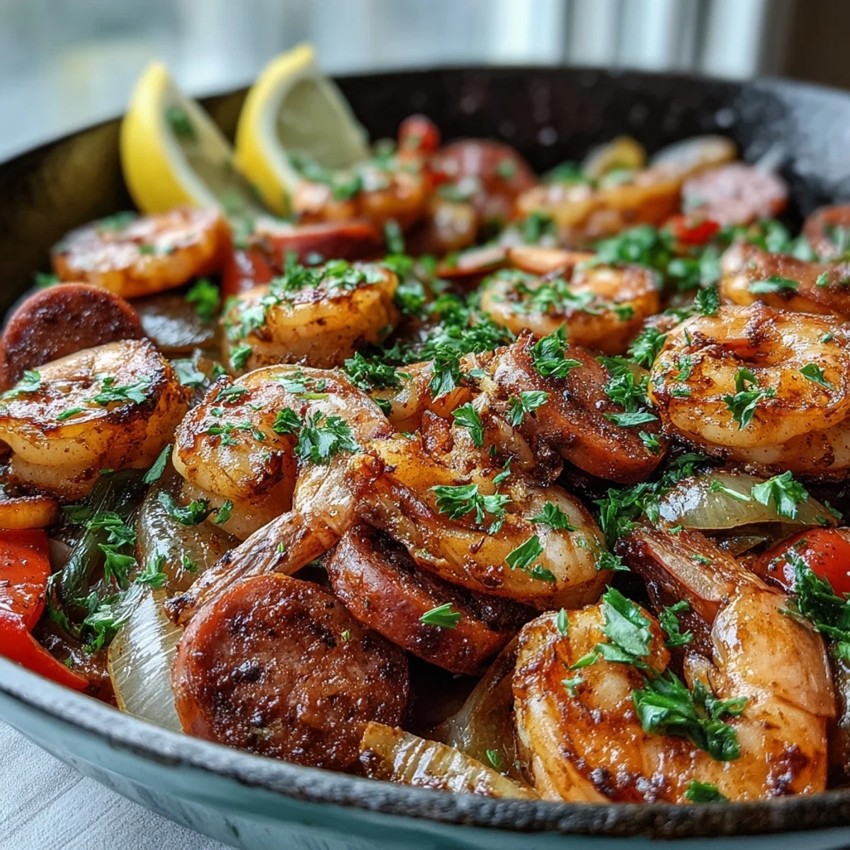 Sizzling Keto Cajun Shrimp and Sausage Skillet with colorful bell peppers and fresh parsley garnish in a cast-iron pan.