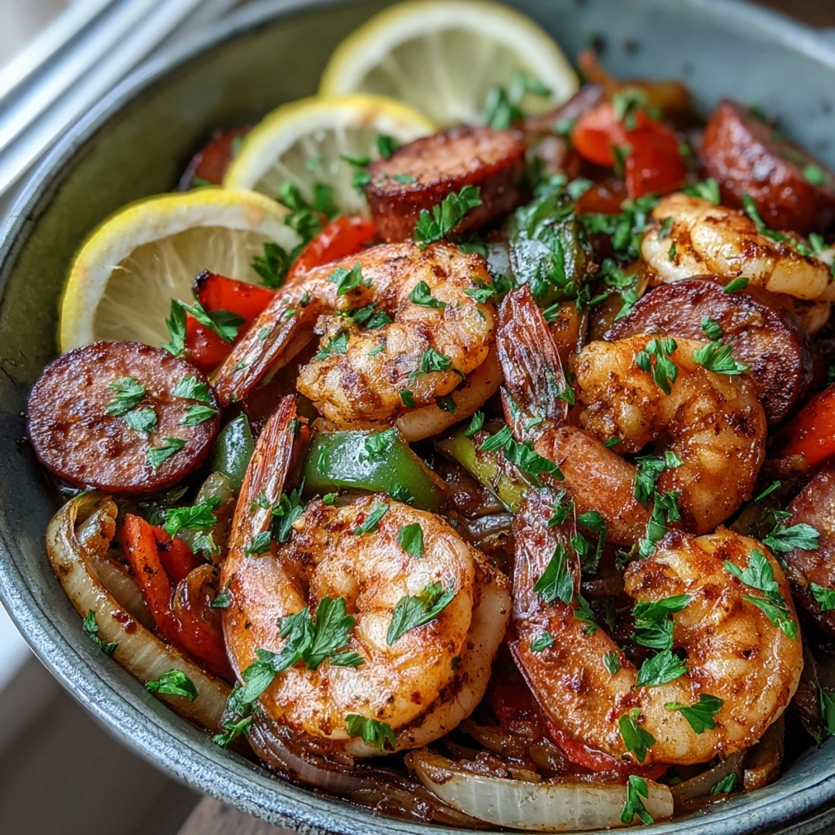 A close-up of Keto Cajun Shrimp and Sausage Skillet featuring juicy shrimp andouille sausage and vibrant sautéed peppers.