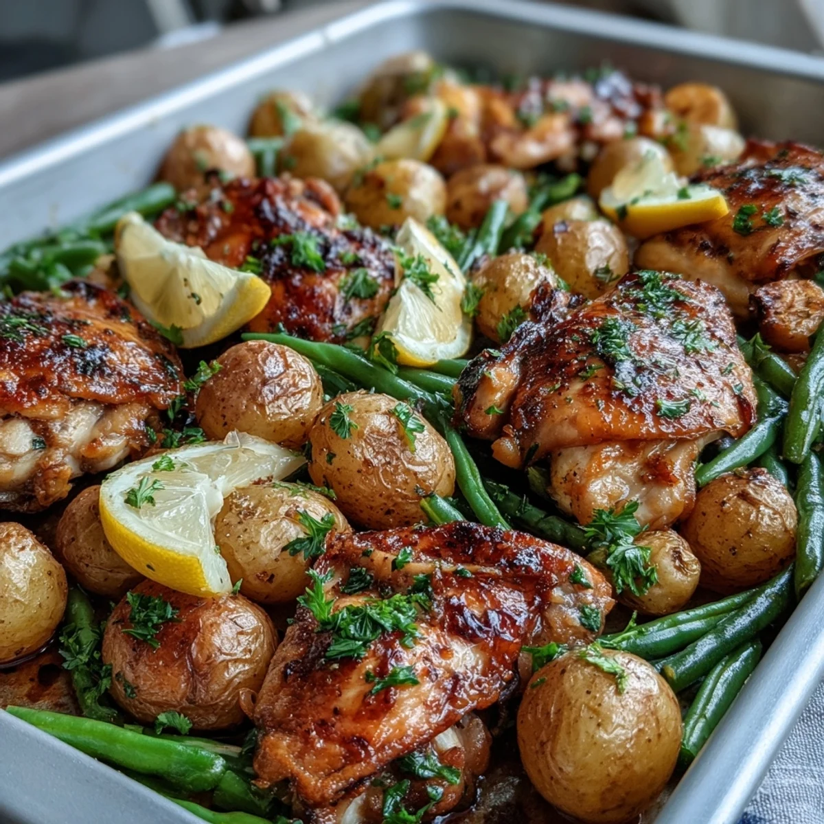 Juicy lemon garlic chicken thighs with crispy roasted potatoes and tender green beans, garnished with fresh parsley and lemon wedges. 