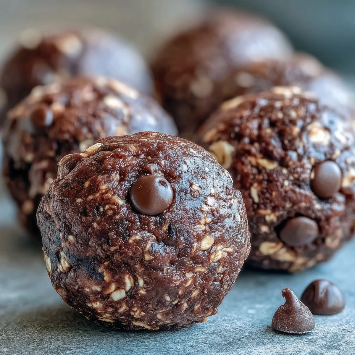 A hand holds one Vegan Chocolate Peanut Butter Protein ball, revealing a rich brown interior with visible oats and creamy peanut butter texture.