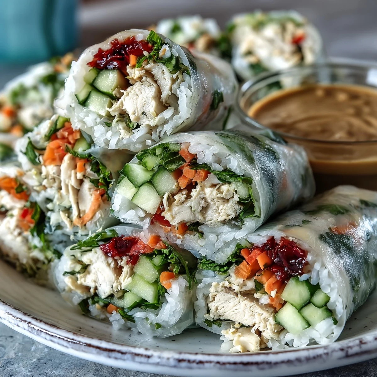 Eight Golden-brown, tightly rolled Light Chicken and Veggie Spring Rolls with Peanut Sauce arranged on a white plate with lime wedges.