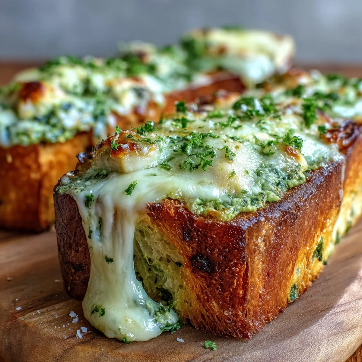 Fresh basil garnishes these savory Pesto Chicken Garlic Bread Boats, perfect for dipping into extra marinara.