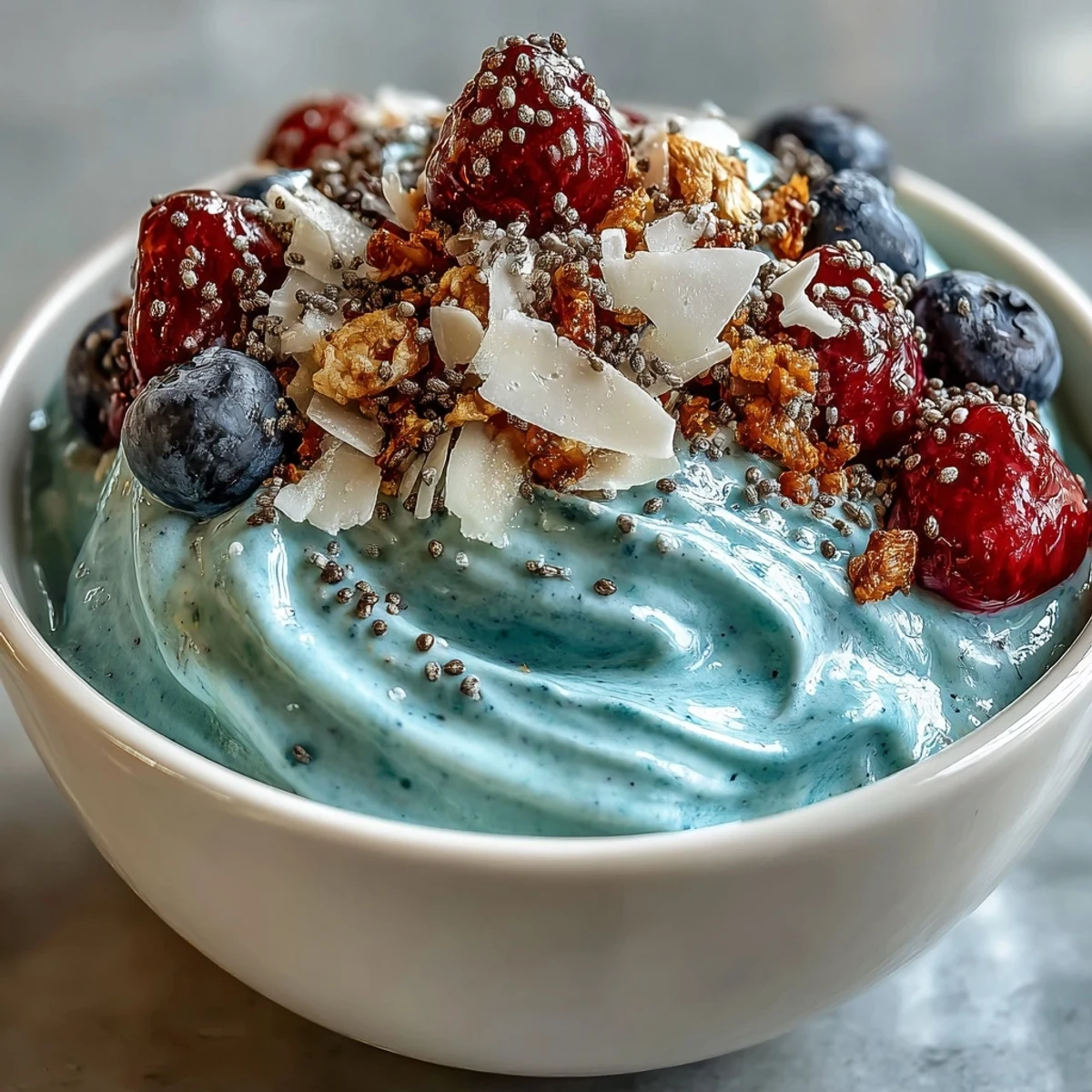Creamy Greek yogurt and mixed berries blended for a thick Berry Greek Yogurt Smoothie Bowl, topped with chia seeds and sliced almonds.