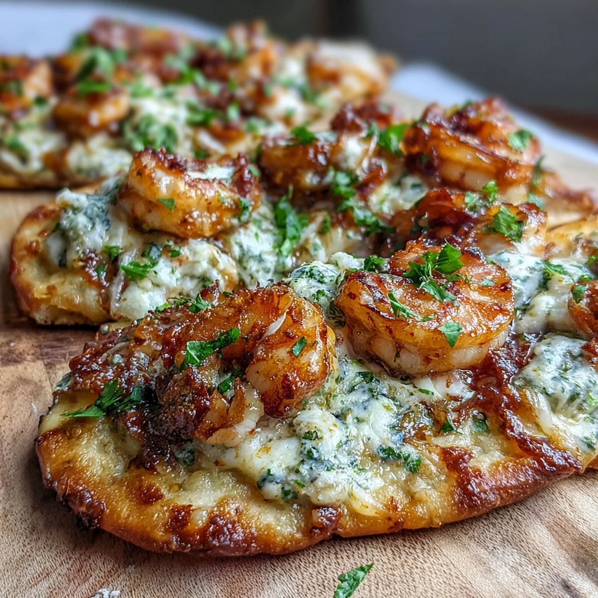 Garlic Butter Shrimp Naan Pizzas arranged on a rustic wooden board, garnished with fresh parsley and ready to serve for a quick weeknight dinner.