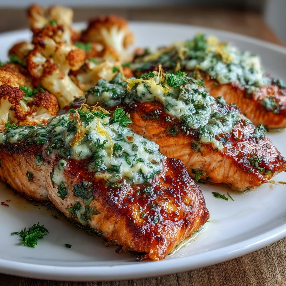 Perfectly seared Keto Herb Butter Salmon with Roasted Cauliflower rests on a plate, garnished with fresh herbs and lemon wedges.