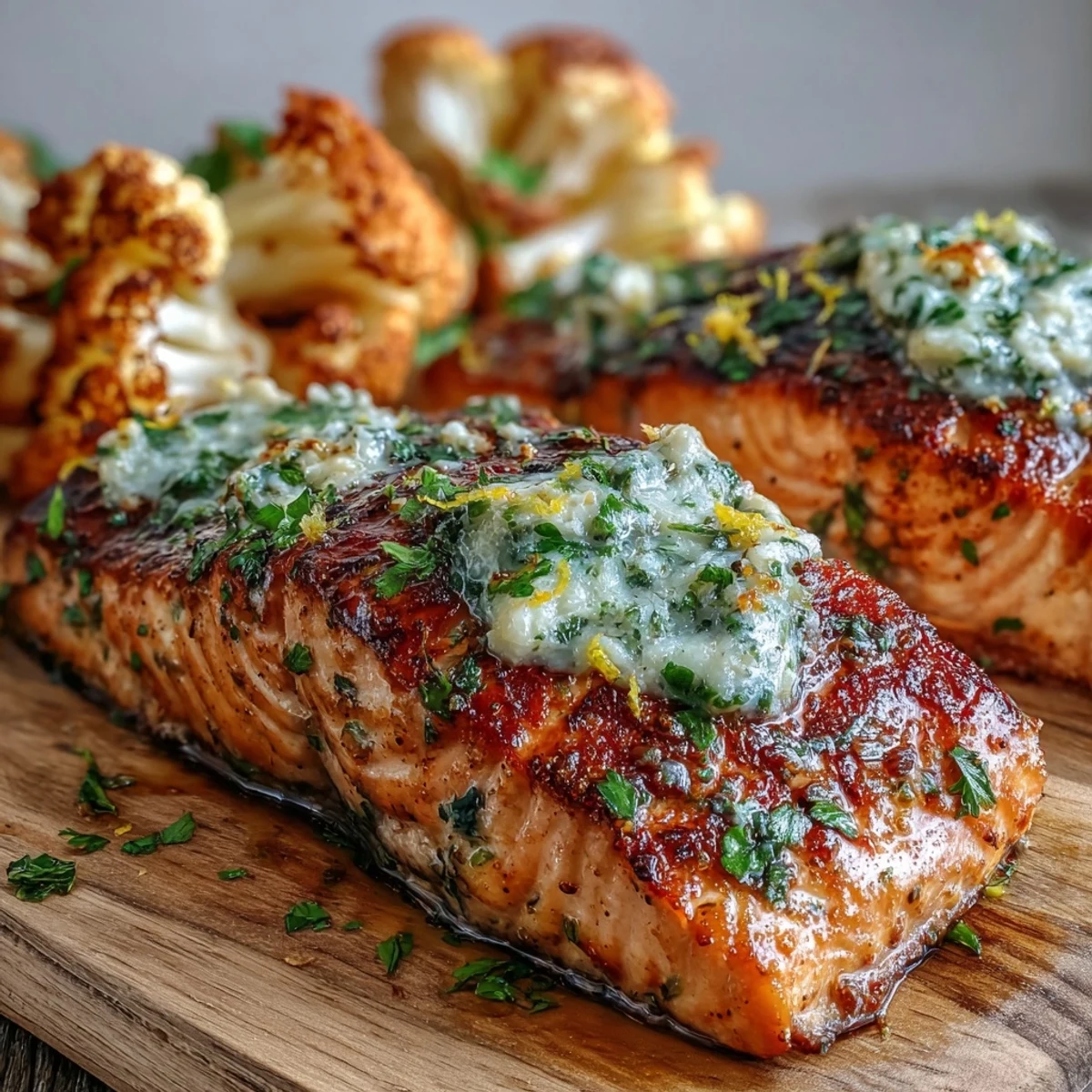 A serving of Keto Herb Butter Salmon with Roasted Cauliflower showcases golden vegetables and a melting pat of herb butter on top.