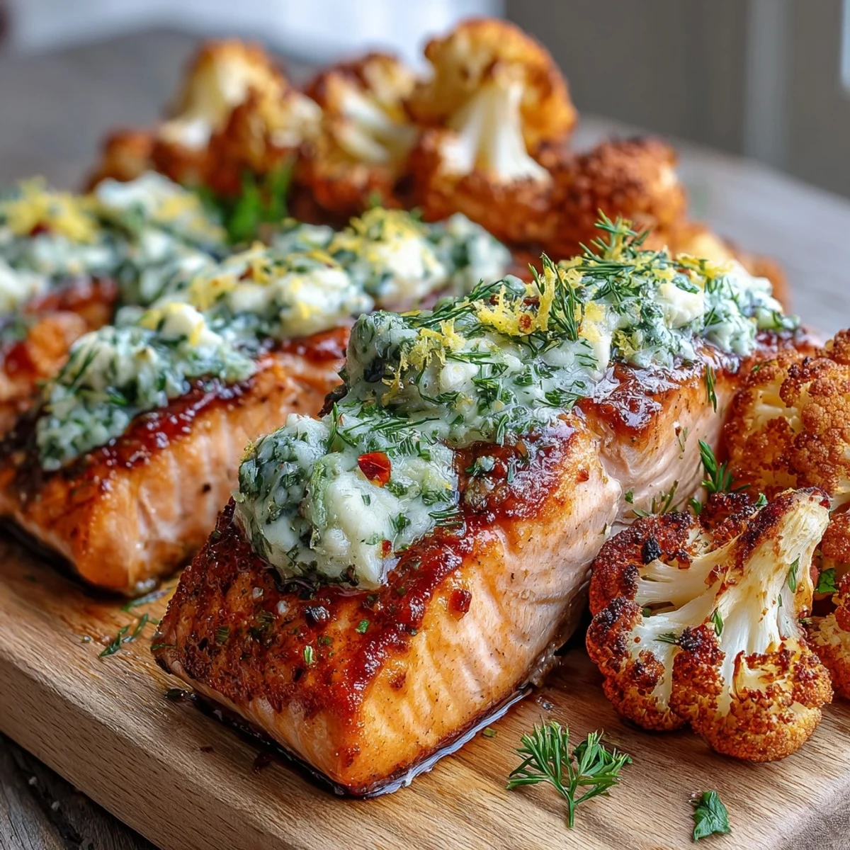 Plated Keto Herb Butter Salmon with Roasted Cauliflower highlights flaky fish and caramelized florets, ideal for a low-carb weeknight dinner.