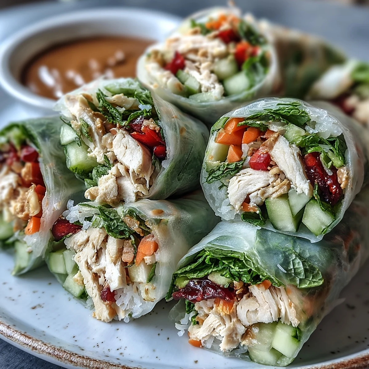Fresh, crisp Light Chicken and Veggie Spring Rolls with Peanut Sauce resting on a bamboo platter, served with a creamy dipping sauce.