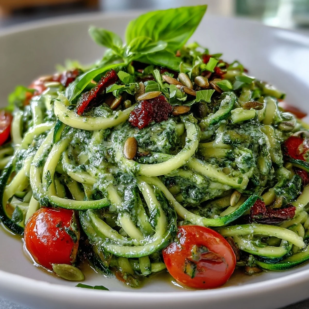 Vibrant spiralized zucchini noodles tossed in dairy-free pumpkin seed pesto, creating a light, flavorful plant-based dish with a rich herbal aroma.