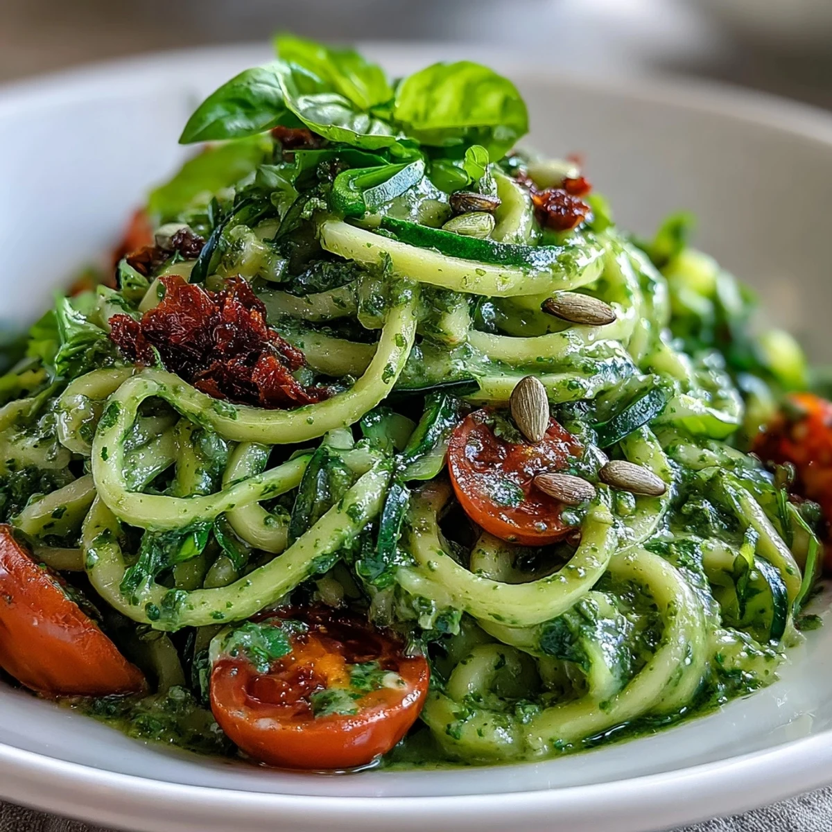 Creamy vegan pumpkin seed pesto drizzled over fresh zucchini noodles, garnished with cherry tomatoes and basil for a vibrant, healthy meal.