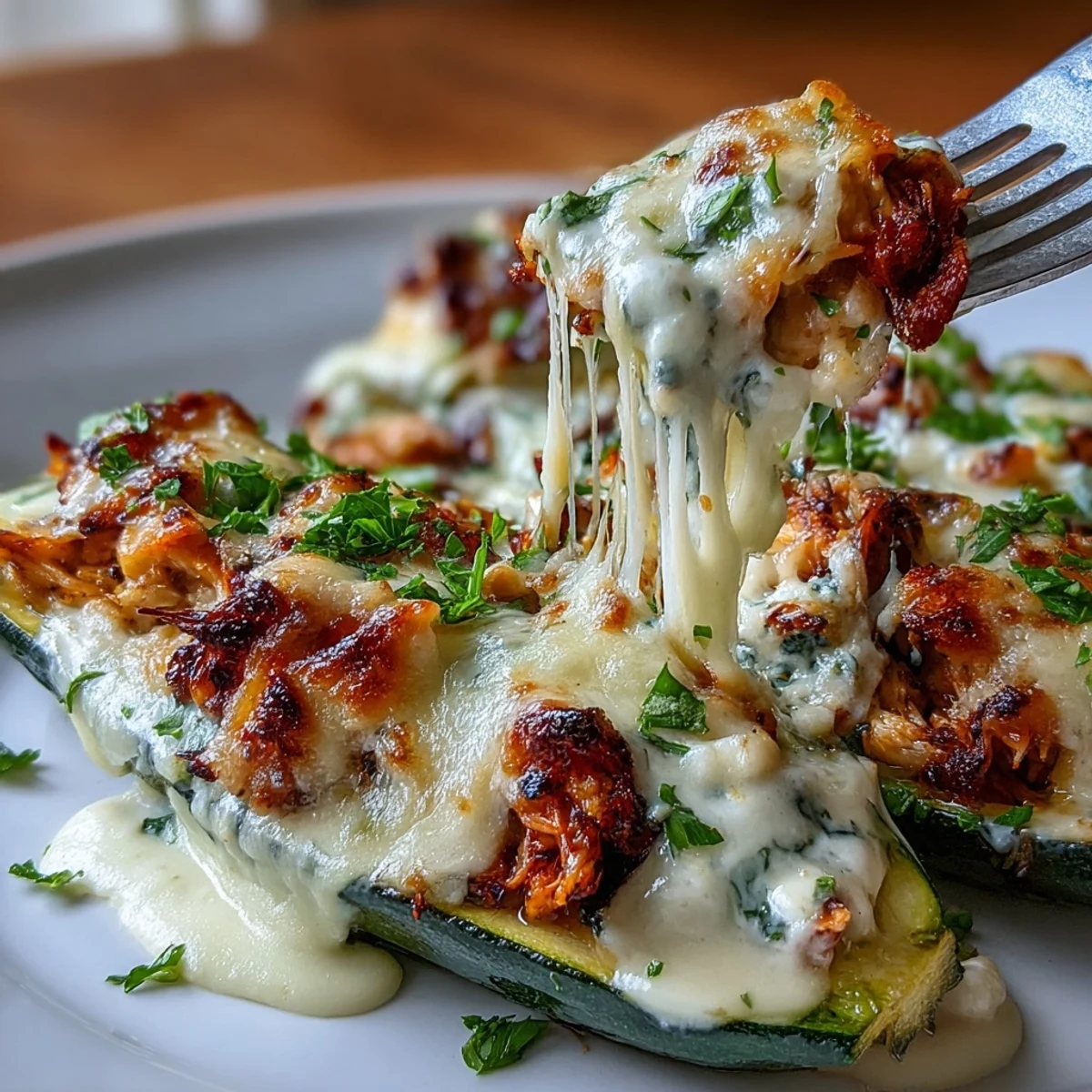 Keto Creamy Garlic Chicken Zucchini Boats with tender chicken and melted cheese in zucchini shells.