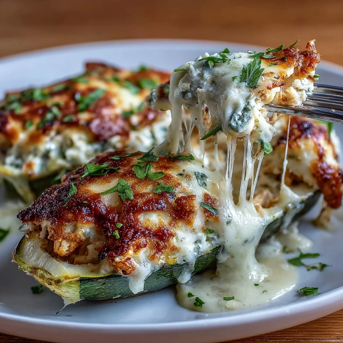 Savory Keto Creamy Garlic Chicken Zucchini Boats baked with garlic cream sauce and gooey mozzarella topping.