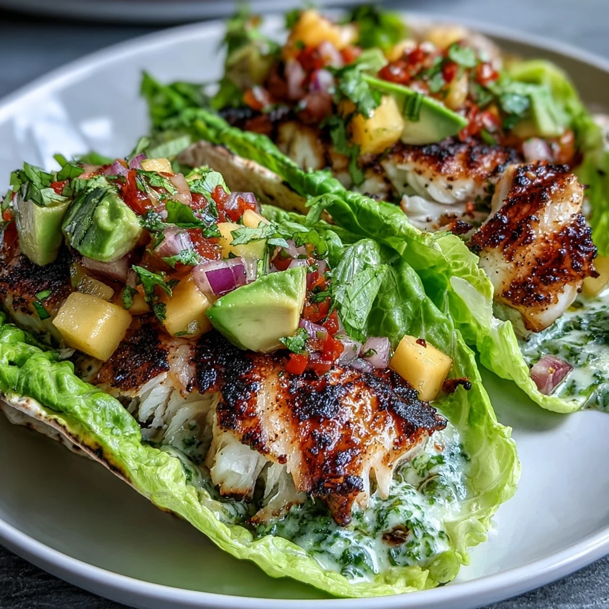 Zesty grilled white fish paired with sweet mango salsa and creamy avocado slices, served in refreshing lettuce cups for a light, flavorful taco night.