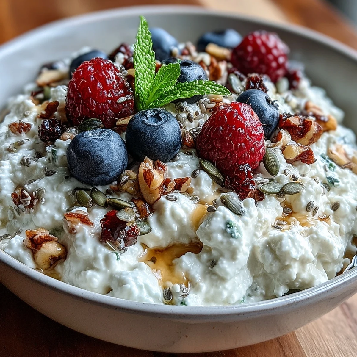 Creamy cottage cheese topped with fresh berries and crunchy seeds for a healthy, protein-rich breakfast bowl.  