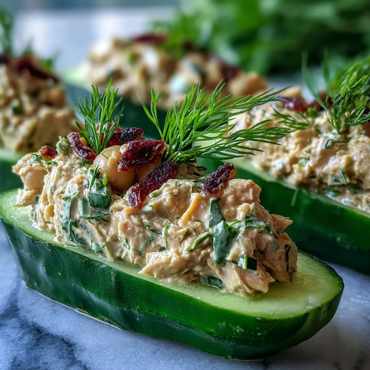 Protein-packed chickpea salad with vegan mayo, dill, and lemon, spooned into refreshing cucumber halves for a healthy snack.  