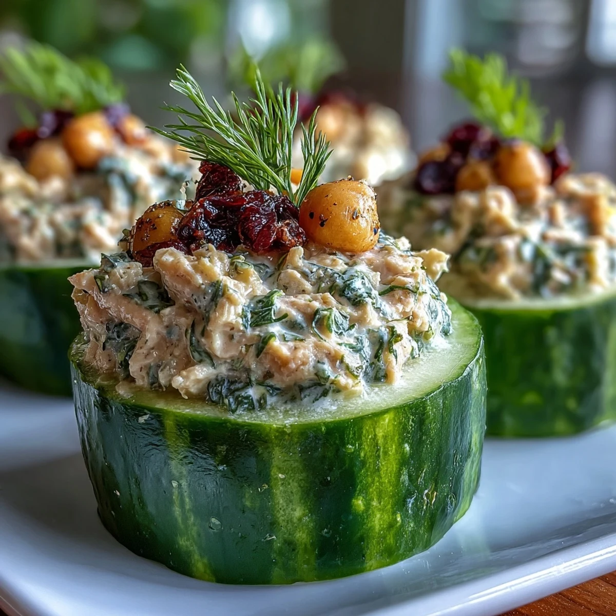 Fresh vegan chickpea tuna salad stuffed into crisp cucumber boats, a light and satisfying appetizer or lunch.  