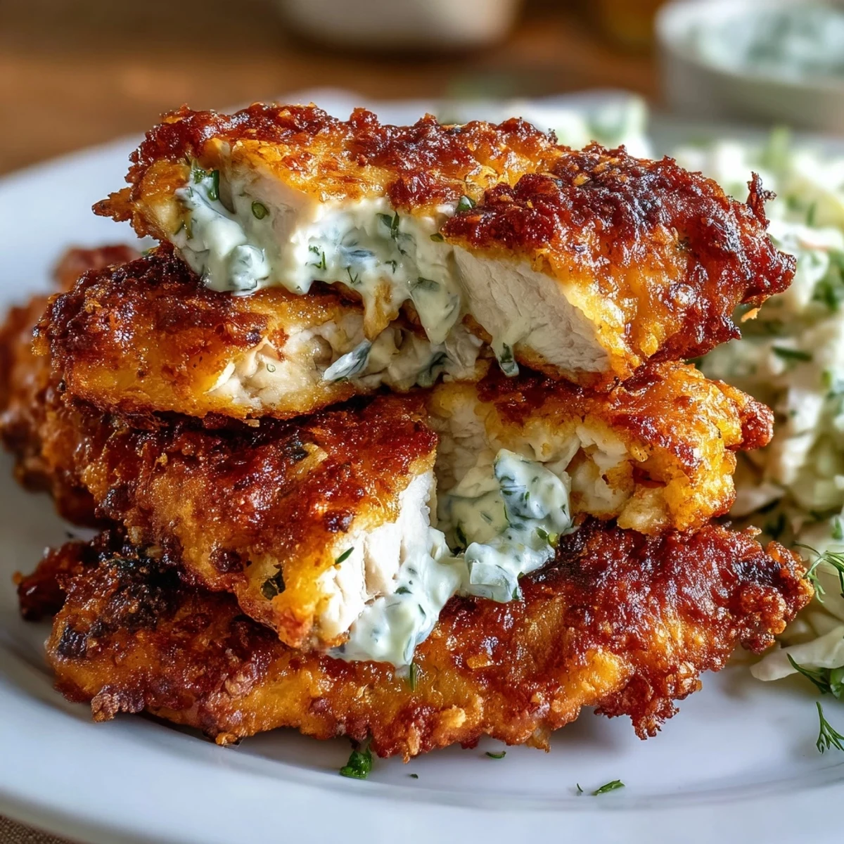 Keto crispy Parmesan crusted chicken tenders with ranch slaw, golden and crunchy, served on a platter with creamy cabbage slaw.  