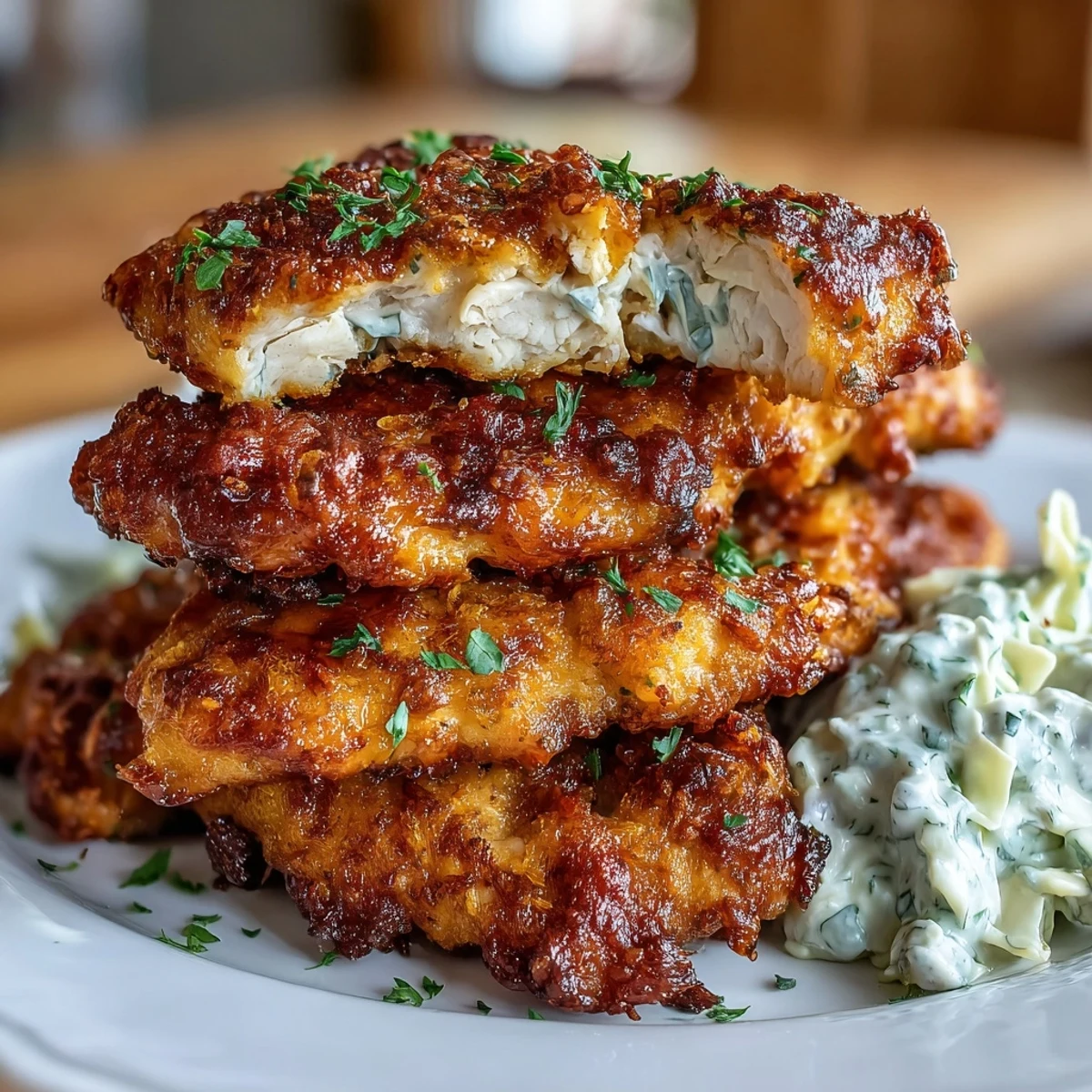 Low-carb Parmesan almond crusted chicken tenders paired with tangy ranch slaw, a satisfying keto-friendly dinner.  