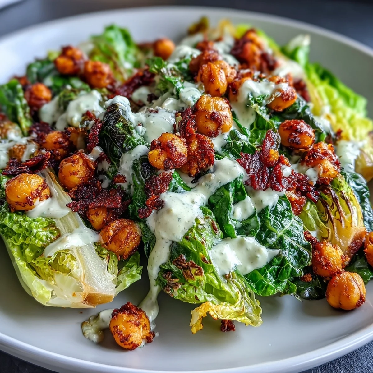 Crispy roasted chickpeas top a vibrant Caesar salad with creamy cashew dressing for a vegan twist.