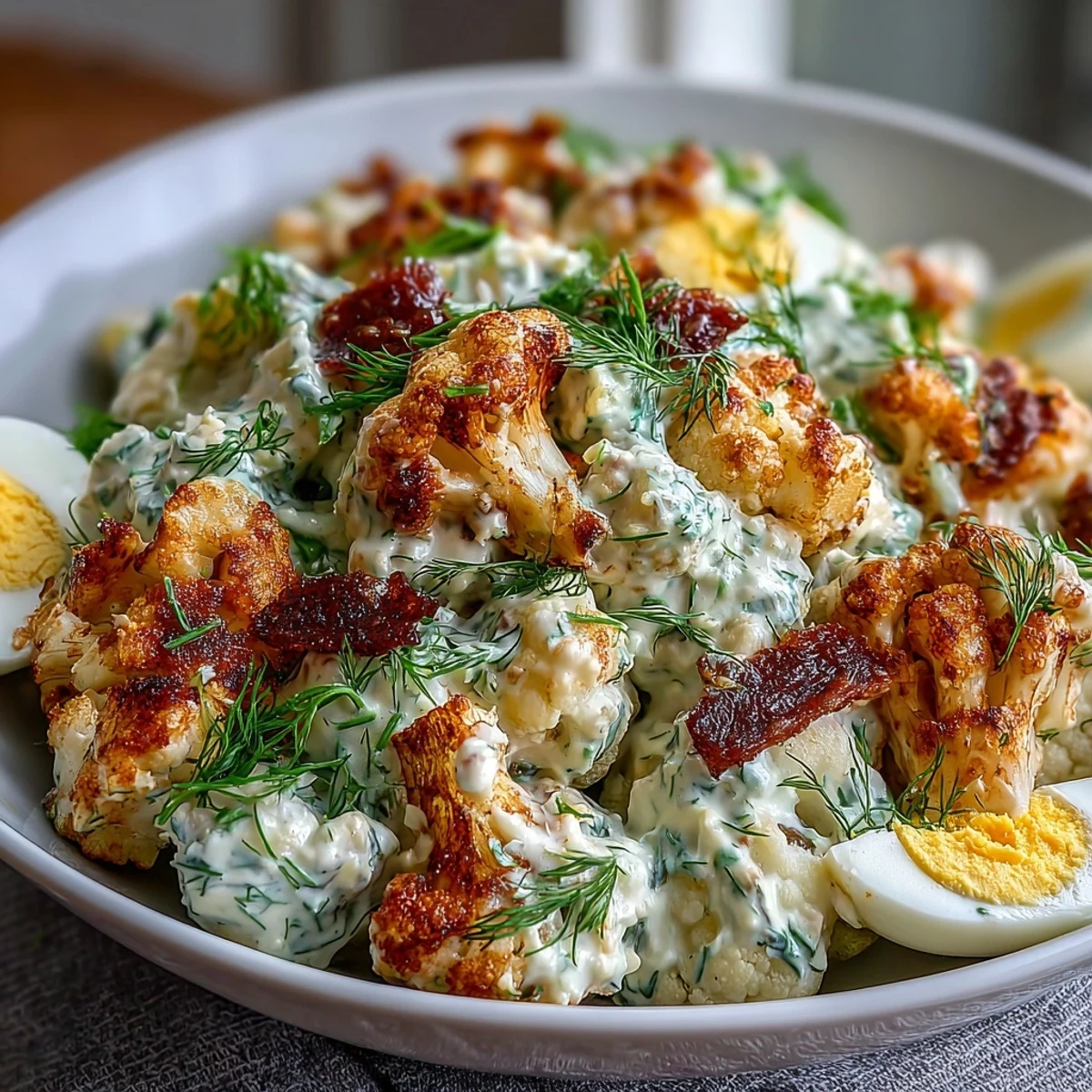 Roasted cauliflower and hard-boiled eggs tossed with tangy dill pickles and fresh herbs for a keto-friendly salad.  