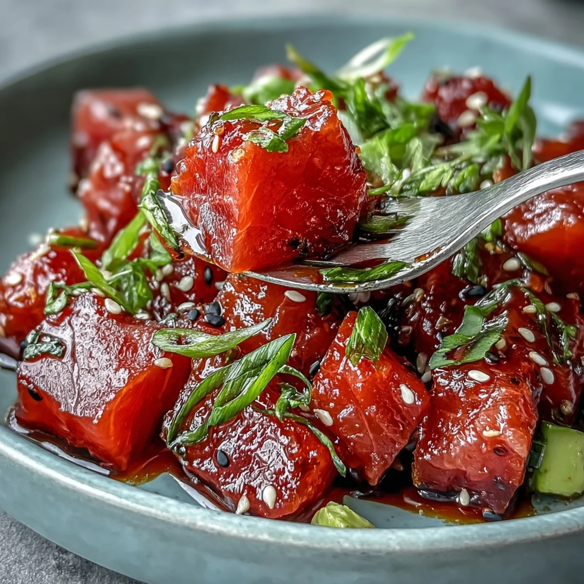 A vibrant plate of spicy tuna tartare with avocado, served with golden crispy wonton chips for a perfect appetizer.