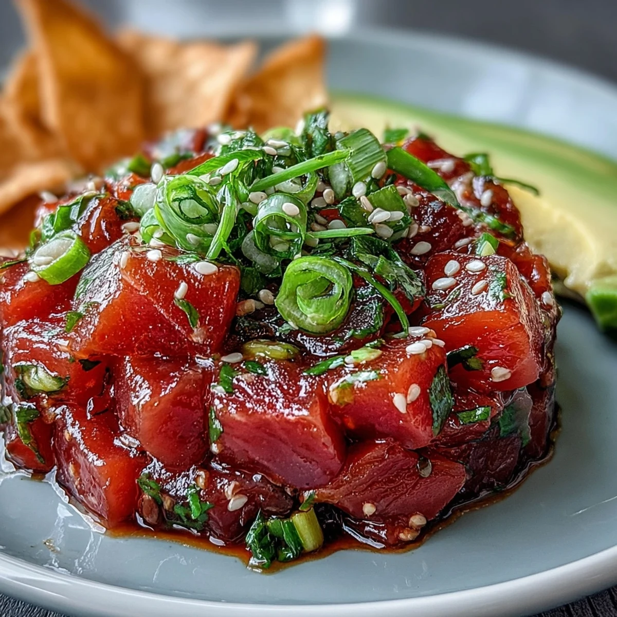 Diced sushi-grade tuna tossed in zesty sriracha-soy-lime dressing, garnished with scallions and sesame seeds.