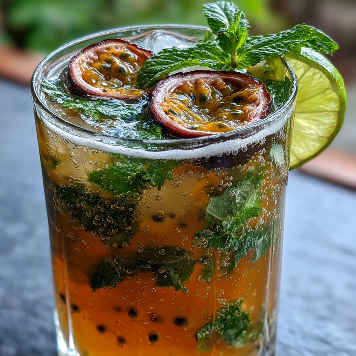 Tropical passionfruit mojito with fresh mint leaves, zesty lime, and sparkling soda water.