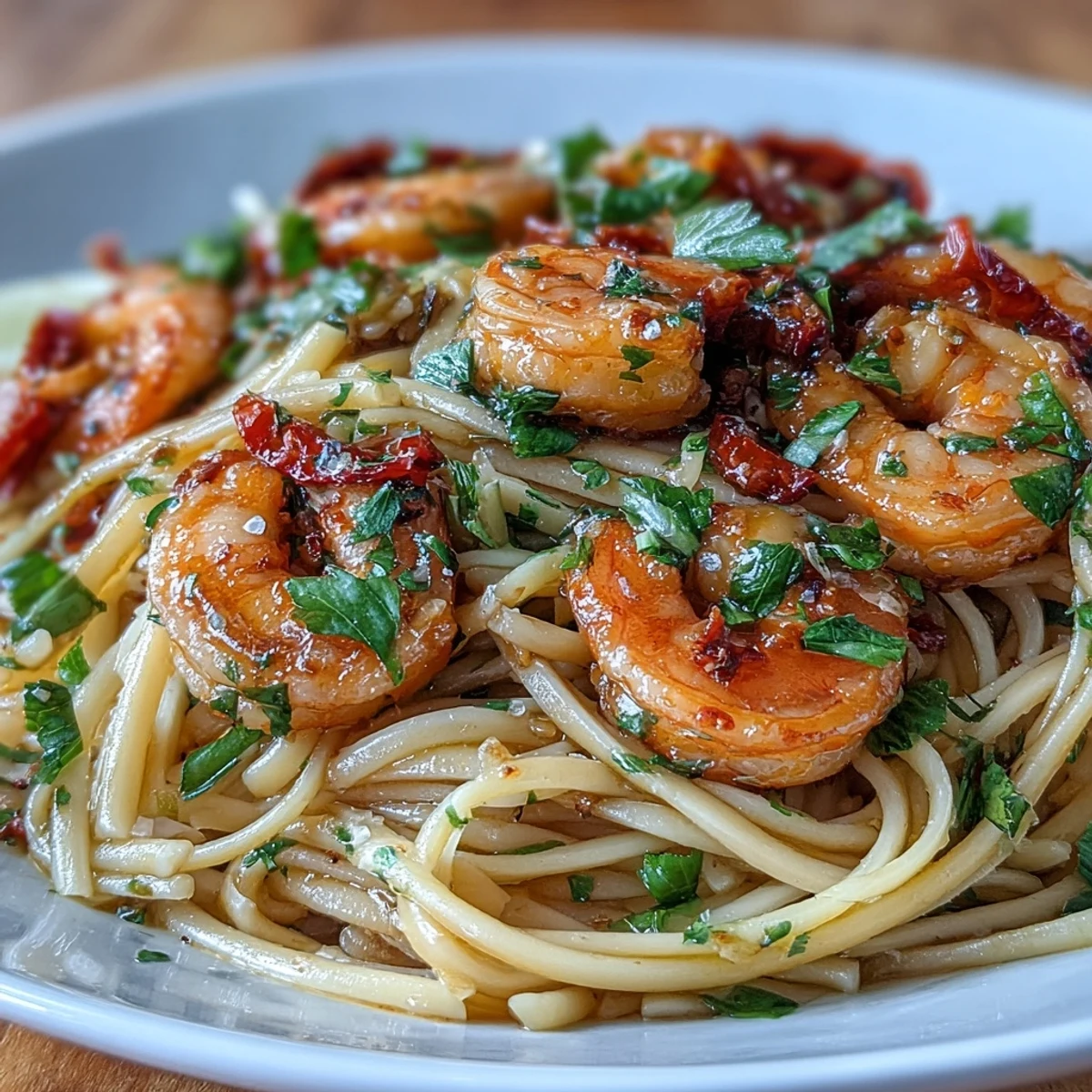Aromatic chilli-garlic shrimp linguine with tender shrimp and al dente pasta in a spicy, zesty olive oil sauce.  