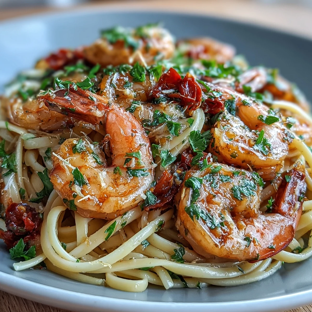Spicy shrimp and linguine in a fragrant garlic-chili sauce, brightened with lemon zest and fresh parsley for a lively meal.
