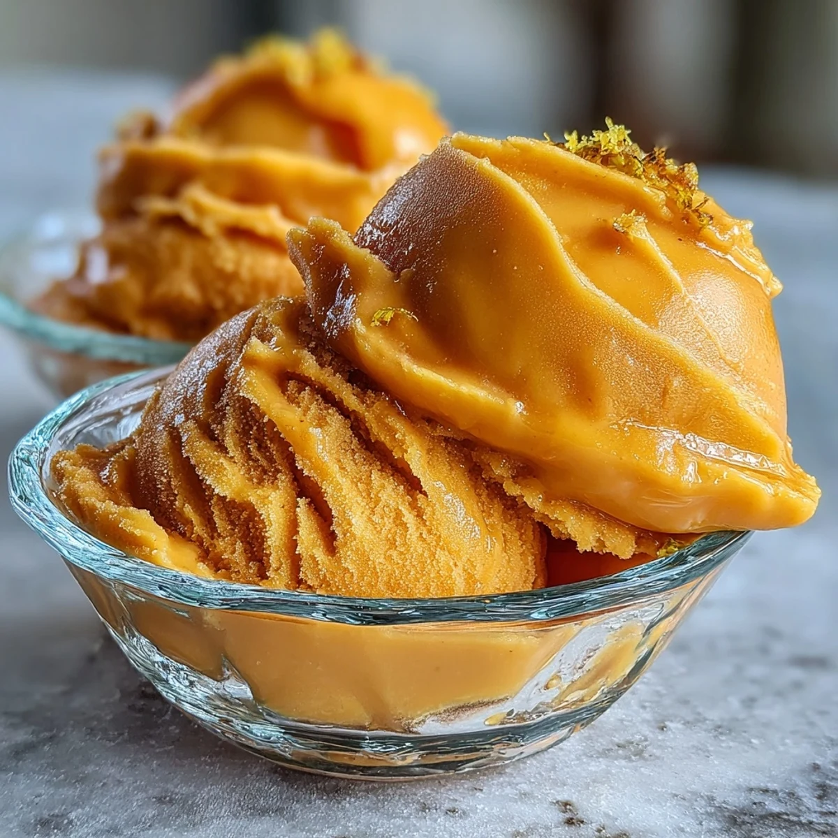Creamy vegan mango sorbet bursting with tropical flavor, ideal for cooling off on a hot day with its bright, sunny color.