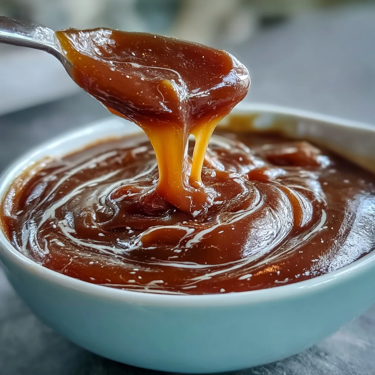 Silky miso caramel sauce drizzled over vanilla ice cream, blending sweet and savory flavors with a glossy finish.