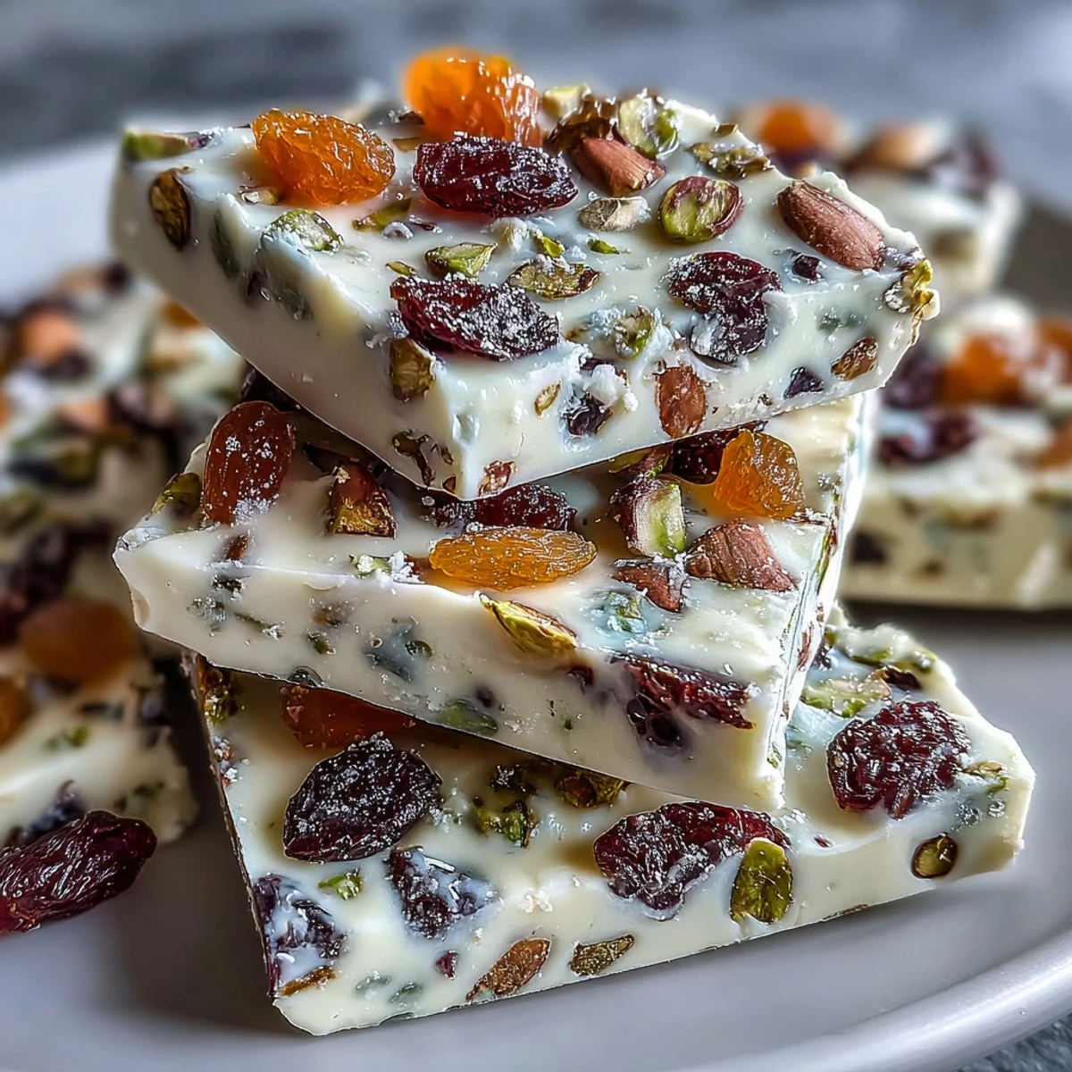 Crunchy pistachio-topped white chocolate bark with jewel-toned dried cranberries and apricots for a beautiful homemade treat.