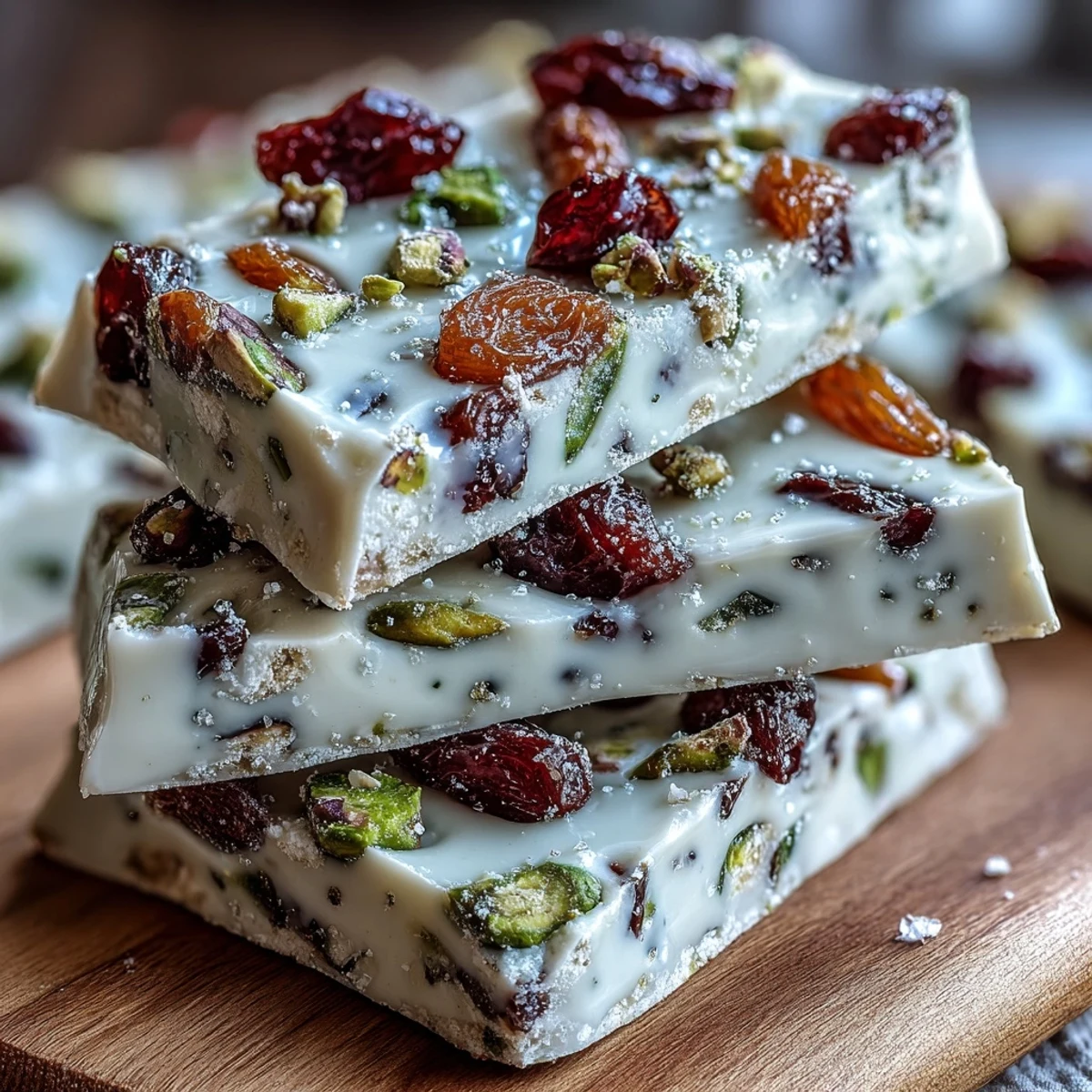 White chocolate bark with pistachios and dried fruit, a festive and easy dessert perfect for holiday gifting.