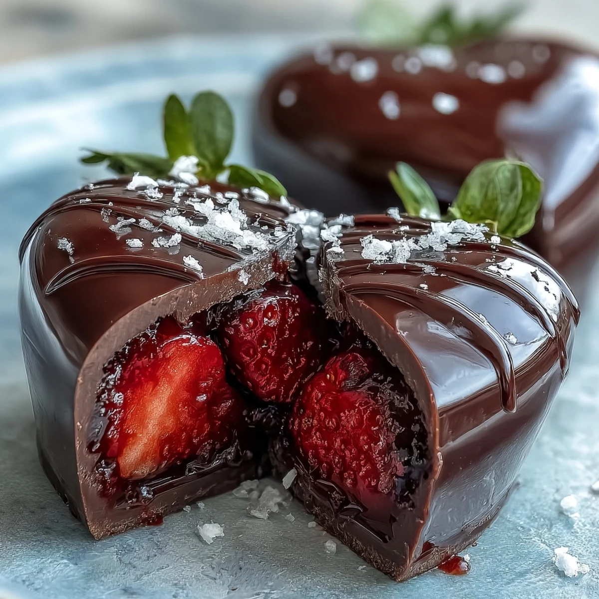 A romantic Valentine's Day dessert featuring a breakable chocolate heart filled with fresh strawberries, perfect for sharing and gifting.