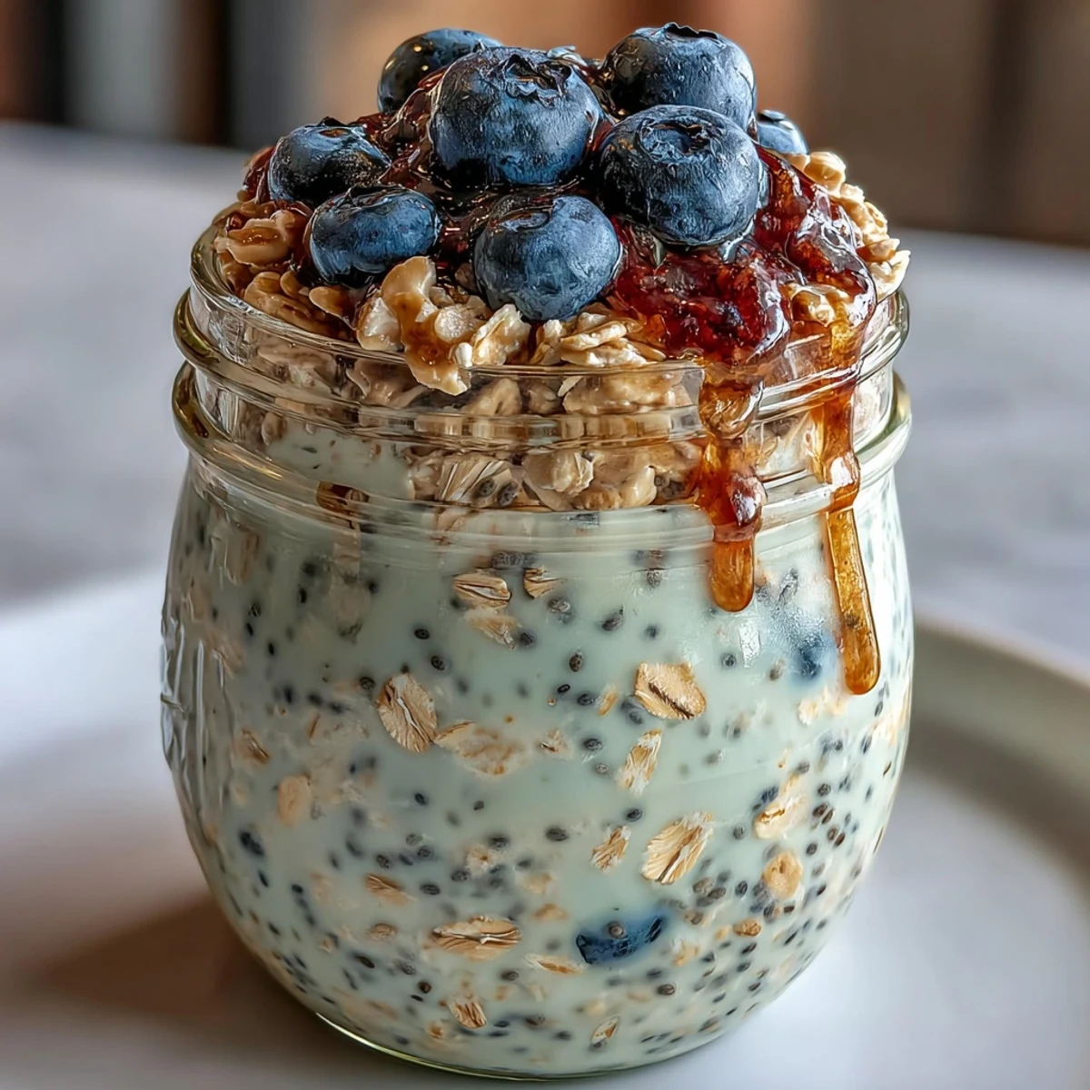 Creamy overnight oats with chia seeds and blueberries in glass jars, perfect for healthy breakfast meal prep.