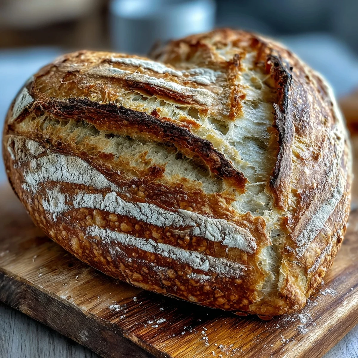 Two golden sourdough heart loaves with intricate scoring, showcasing a soft interior and crunchy exterior, perfect for special occasions or gifting.