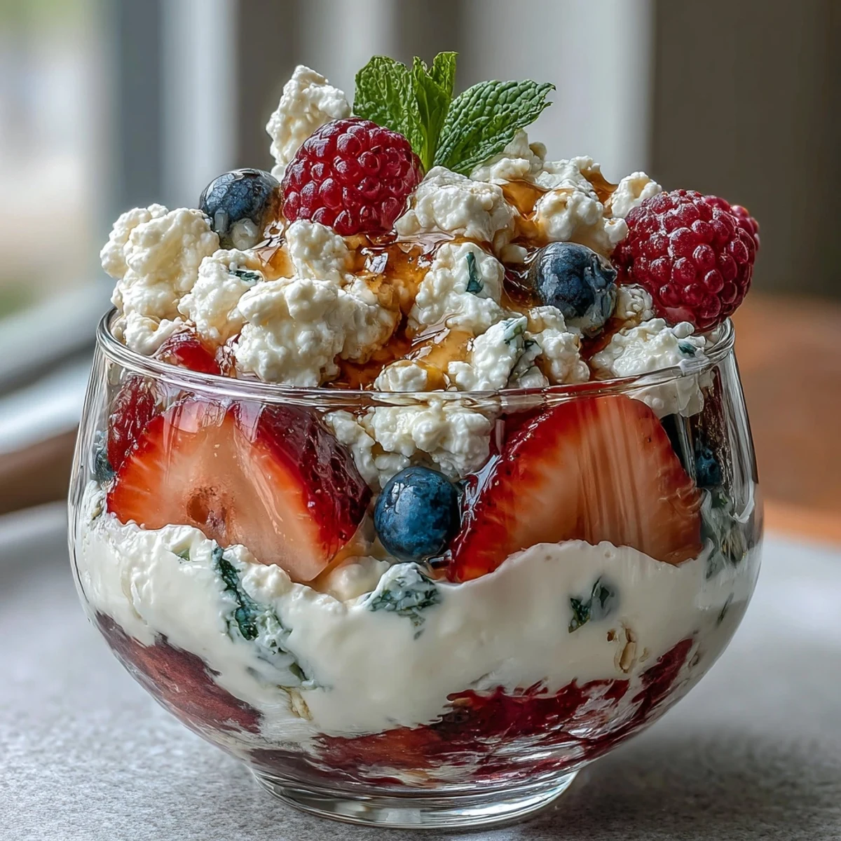 Cottage cheese berry parfait with granola in a glass, layered with fresh strawberries, blueberries, and crunchy granola for a protein-packed breakfast.