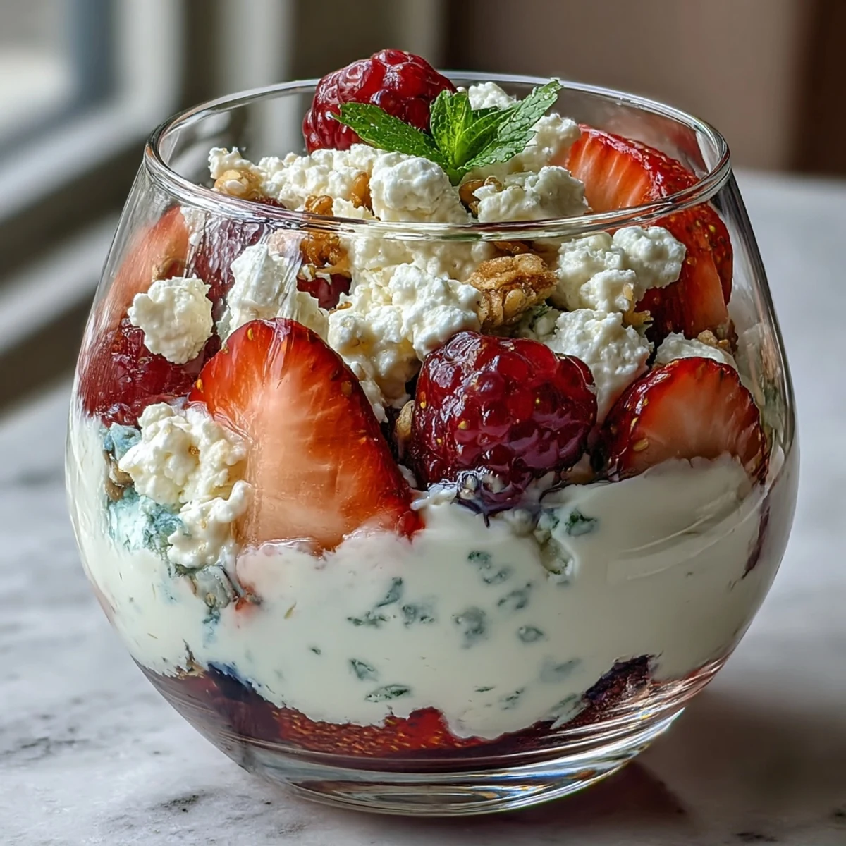 Creamy cottage cheese, vibrant berries, and golden granola create a colorful, healthy parfait in a clear glass, perfect for a quick morning meal.