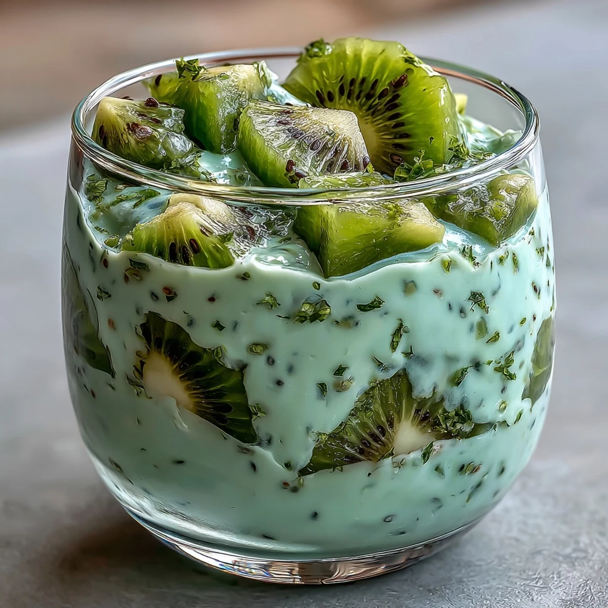 Creamy chia pudding infused with zesty lime and layered with diced kiwi, offering a tropical twist on a healthy treat.
