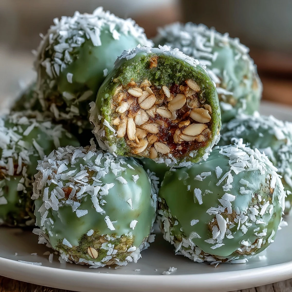 A vibrant plate of matcha coconut energy balls with oats, rolled in shredded coconut and sprinkled with matcha powder for a healthy snack.  
