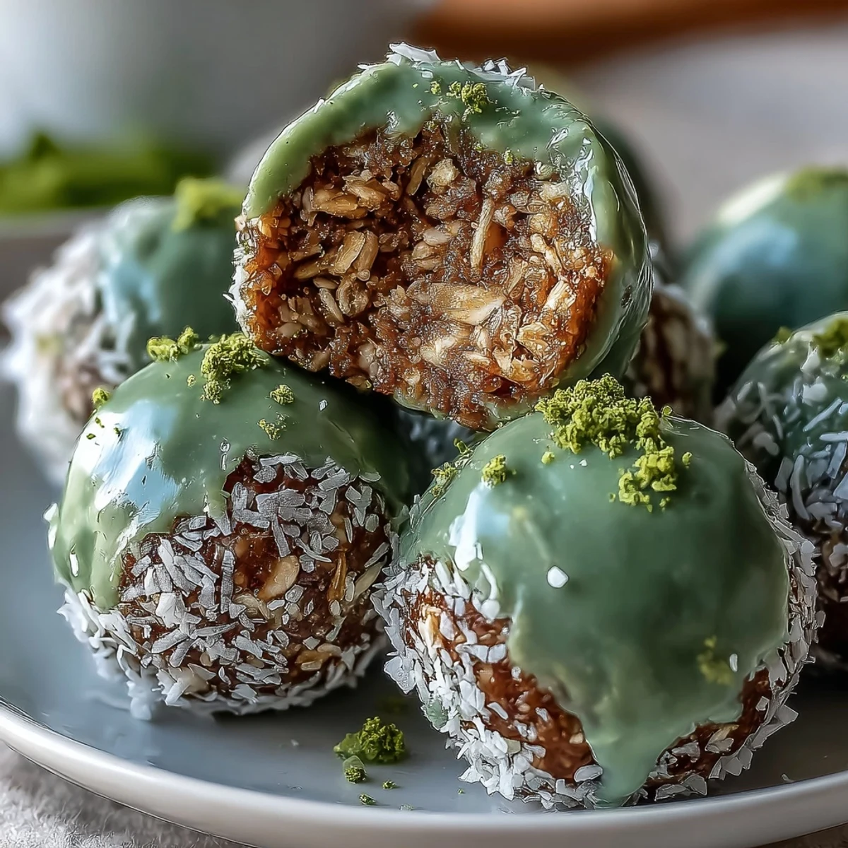 Wholesome no-bake matcha coconut energy balls with oats, perfect for a quick energy boost and a naturally green treat.  